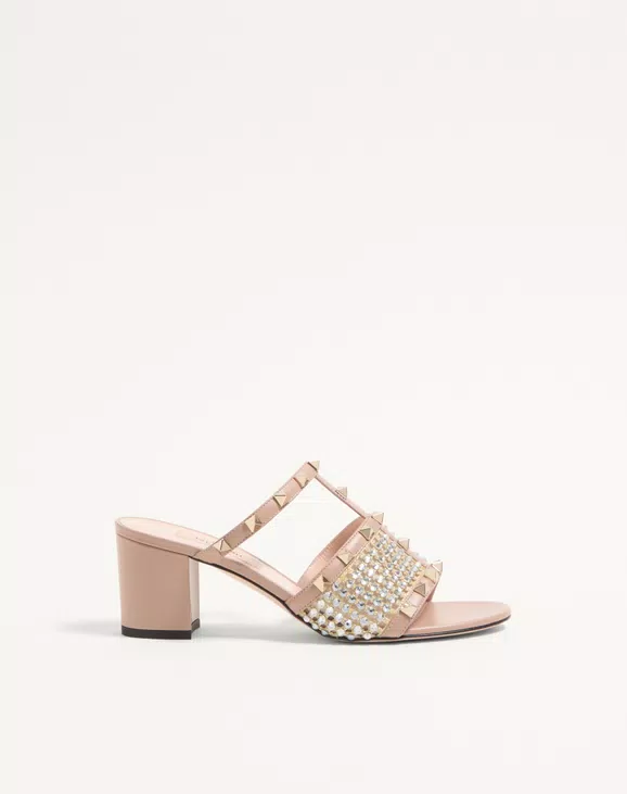 Valentino Rockstud Calfskin Slide Sandal With Strass Embroidery 60Mm - Image 1